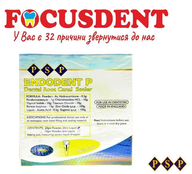 ENDODENT P (Ендодент П), силер для пломбировки каналов, порошок 20 г + жидкость 20 г + аксессуары 1861458337 фото