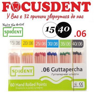 АКЦІЯ!!! Гутаперчеві штифти конус.06 Spident (Guttapercha) 60 шт., №15-40 (2023.05) 2492542287 фото